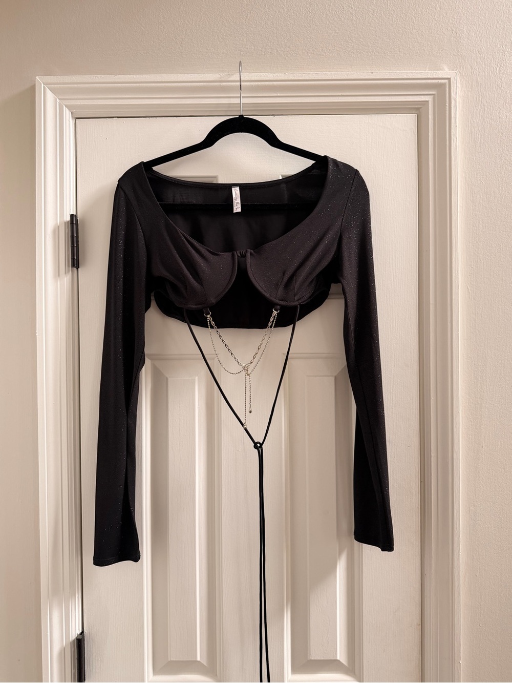 Lucy In The Sky Black Sparkle Long-Sleeve Crop Top with Chain Detail